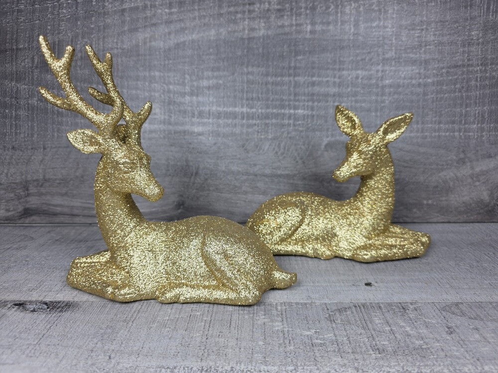 2 Vtg Lightweight Gold Glitter Christmas Holiday Deer Sitting Figurines 6” b31
